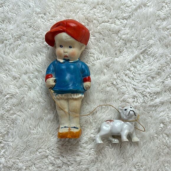 Vintage Ceramic Bisque Japanese boy with bulldog on leash figurine - Picture 1 of 11
